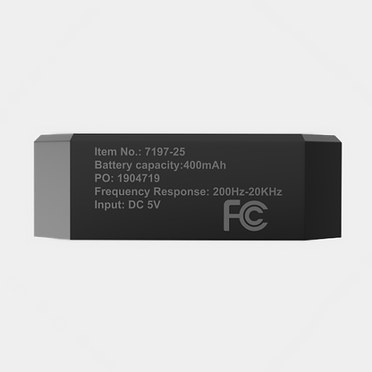 Black bluetooth speaker laying on its side showing product specifications.